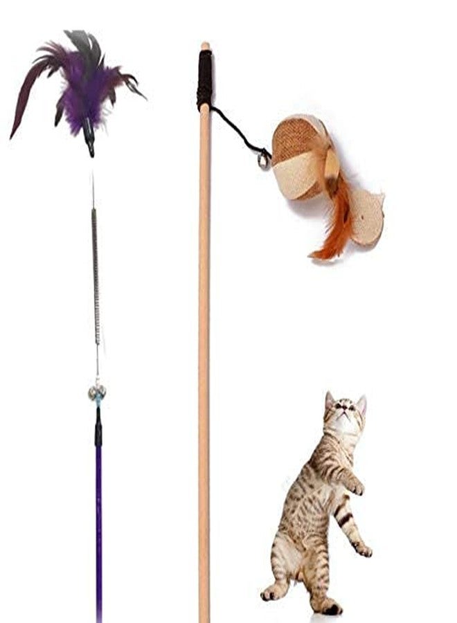 Pups&Pets Cat Teaser 2 Playing Stick - |Feather Sound Hedgehog Stick | Wooden Jute Mice Stick Cat Teasing Stick Kitten Toys (Combo of 2). - Image 1